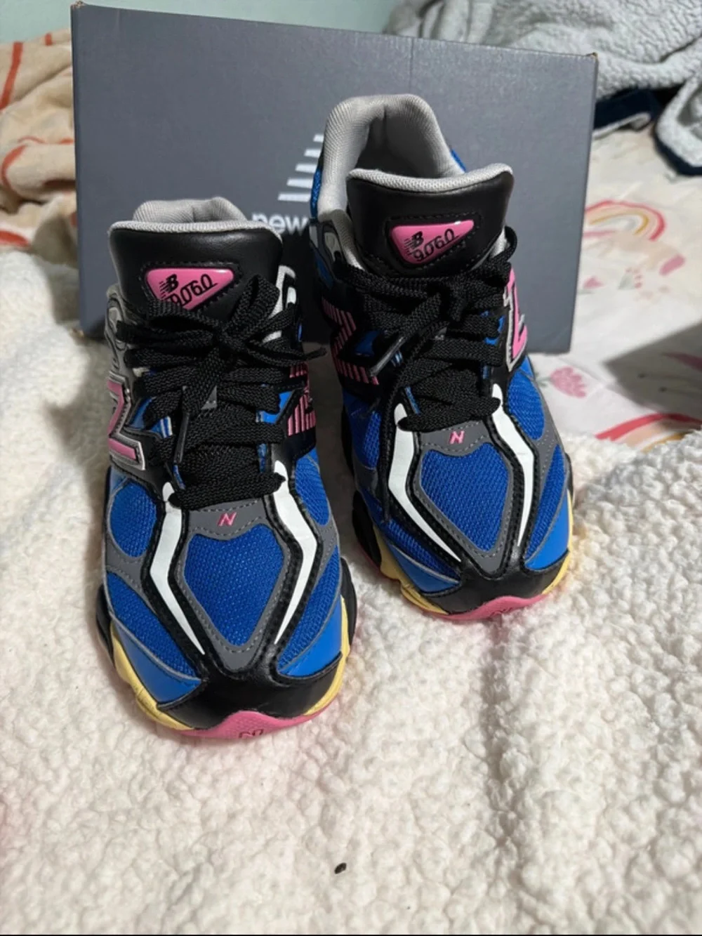 New Balance Kids Royal Blue Sneakers with Pink and Yellow Accents